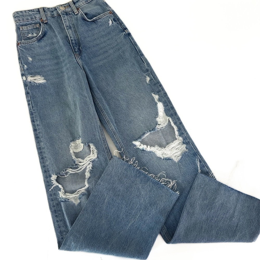 Zara Jeans Womens 2 90s Full Length High Rise Straight Distressed
